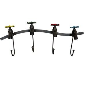 Rustic Metal Wall Mount Coat Rack with Colorful Faucet‎ Handles 4 Hook